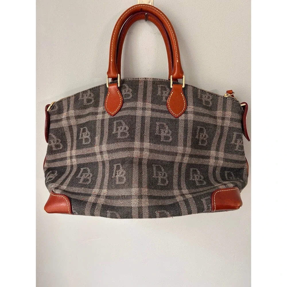 Dooney & Bourke Monogram Plaid Satchel Bag Leather Trim Cognac Gray